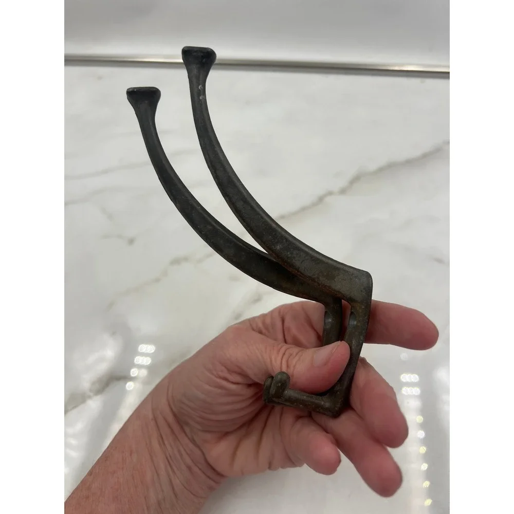 Vintage Brass Double Wall Hooks Pair Antique Patina Heavy Duty Coat Hat Hooks